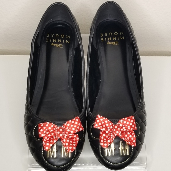 Disney Minnie Mouse Quilted Flats Adult Large Womens 9/10 Ballet Black Red Bow - Picture 3 of 14